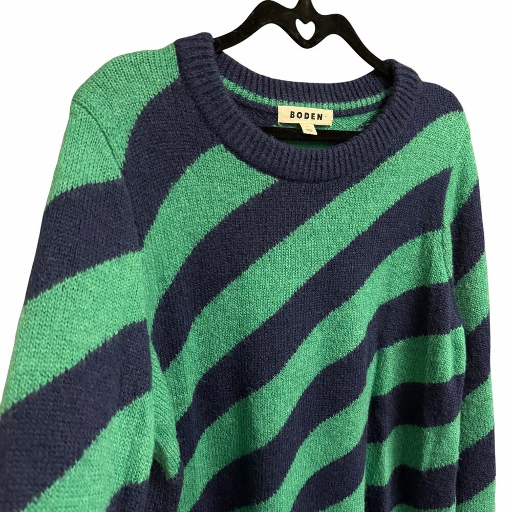 Boden Fluffy Diagonal Stripe Jumper Navy Green Knit Crewneck Sweater Size Large - Picture 4 of 7